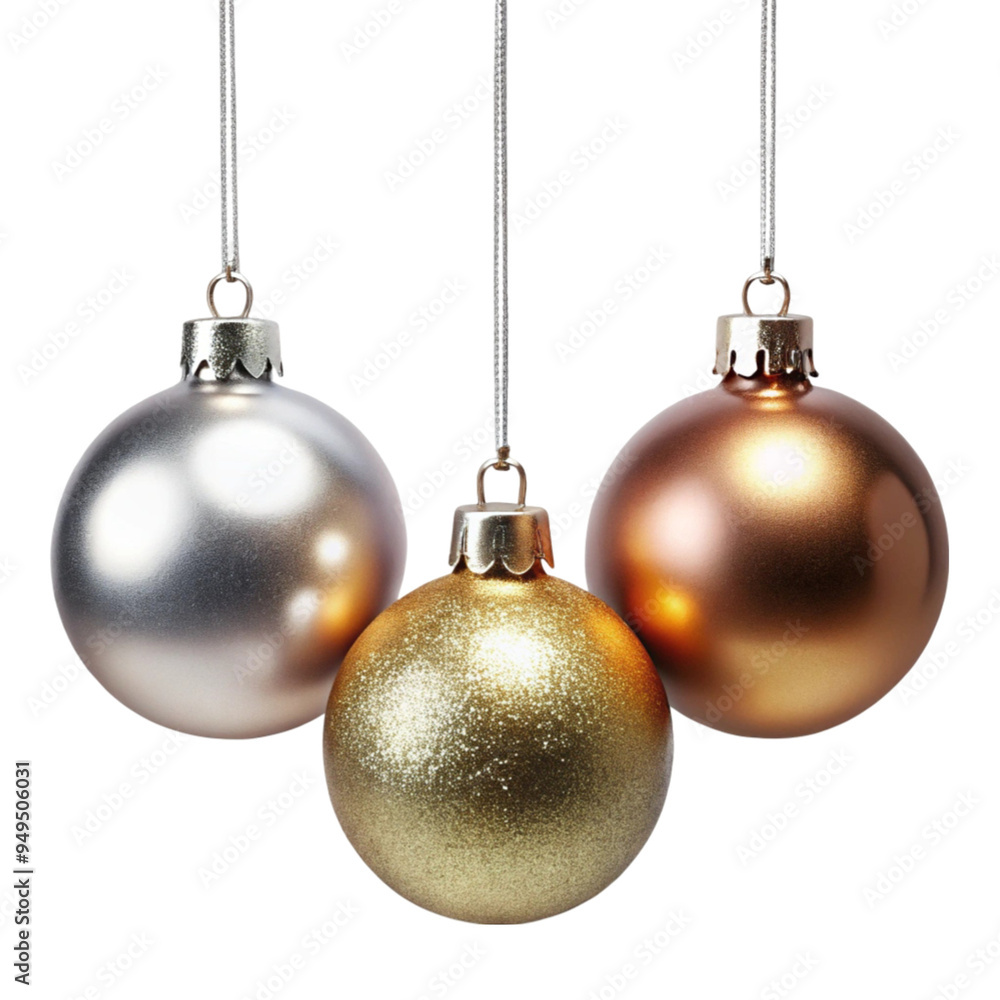 Three metallic Christmas balls hanging isolated on transparent background Three metallic Christmas balls hanging isolated on transparent background