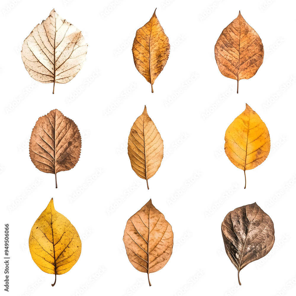 Obraz premium A collection of dry autumn leaves isolated on a white background, capturing the essence of fall with warm and earthy tones..