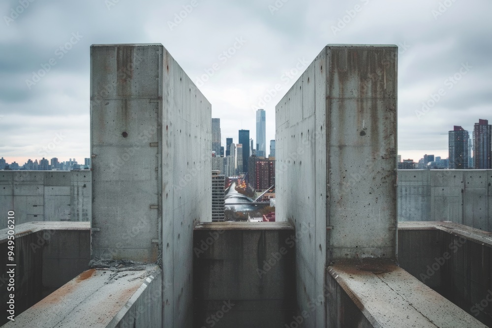 Obraz premium Concrete structures lead to a modern city skyline. This urban scene captures the blend of architecture and nature. Perfect for city or architecture themes. Generative AI