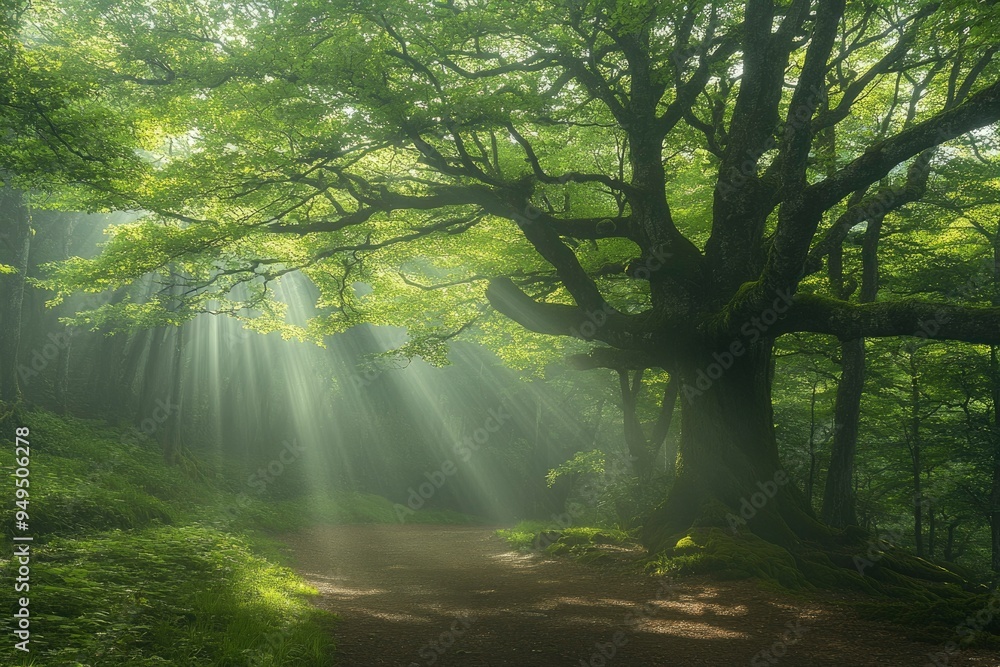 Fototapeta premium Sunbeams Illuminating a Misty Forest Path