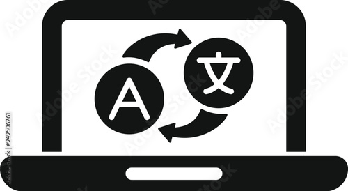 Laptop displaying language translation process, converting text between different languages