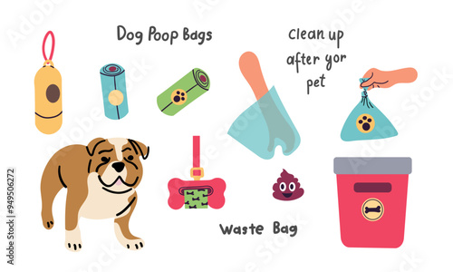 Clean up after dog. Instructions for collecting excrement after walking with pet, special bags, containers for poop, information for owner, cartoon flat isolated tidy vector infographic
