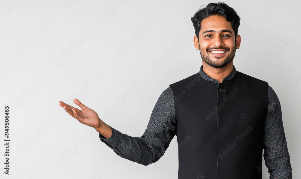 Indian man wearing an office uniform, smiling and gesturing with one hand as if presenting something on the right side Indian man wearing an office uniform, smiling and gesturing with one hand as if presenting something on the right side