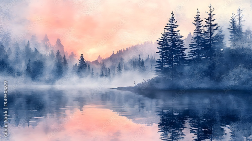 Peaceful lake at dawn mist and pine forest soft pastel watercolor effect Peaceful lake at dawn mist and pine forest soft pastel watercolor effect
