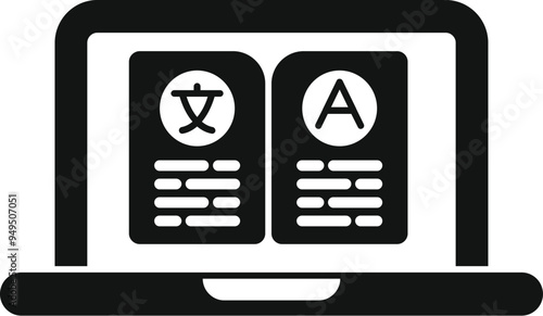 Simple vector representing a laptop showing online language translation from chinese to english