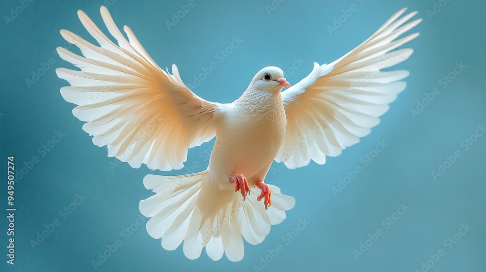 White Dove in Flight on Blue Background Generative AI White Dove in Flight on Blue Background Generative AI