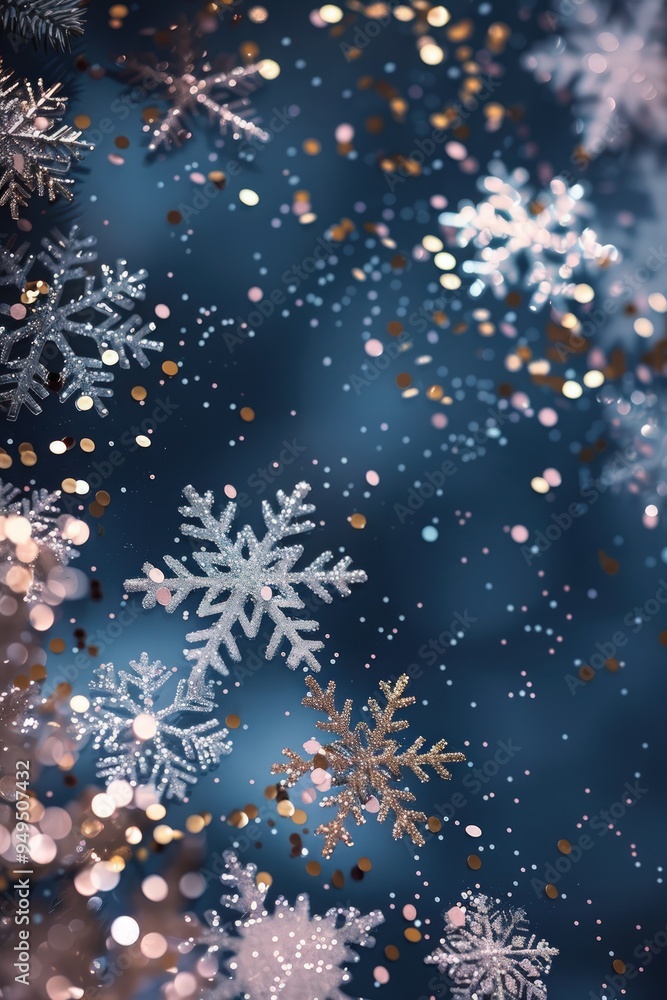 Classic navy Christmas backdrop with delicate snowflakes and golden sequins, featuring hints of soft pink for a whimsical touch. Classic navy Christmas backdrop with delicate snowflakes and golden sequins, featuring hints of soft pink for a whimsical touch.