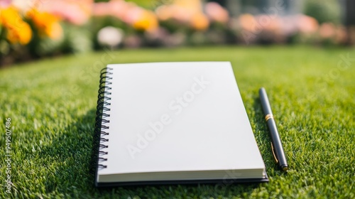 blank notebook and pen on green grass with blurred flower garden background - relaxation and inspiration concept.