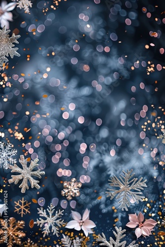 Classic navy Christmas backdrop with delicate snowflakes and golden sequins, featuring hints of soft pink for a whimsical touch.