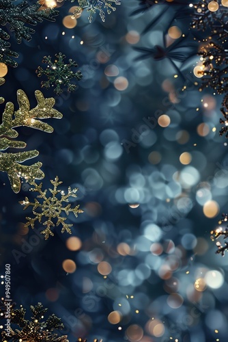 Classic navy backdrop with delicate snowflakes and golden sequins, accented by light green highlights.