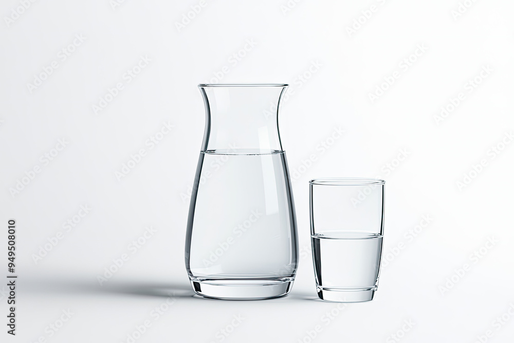 Elegant glass pitcher and cup displaying pure water, perfect for dining and wellness themes in a clean, modern setting. Elegant glass pitcher and cup displaying pure water, perfect for dining and wellness themes in a clean, modern setting.