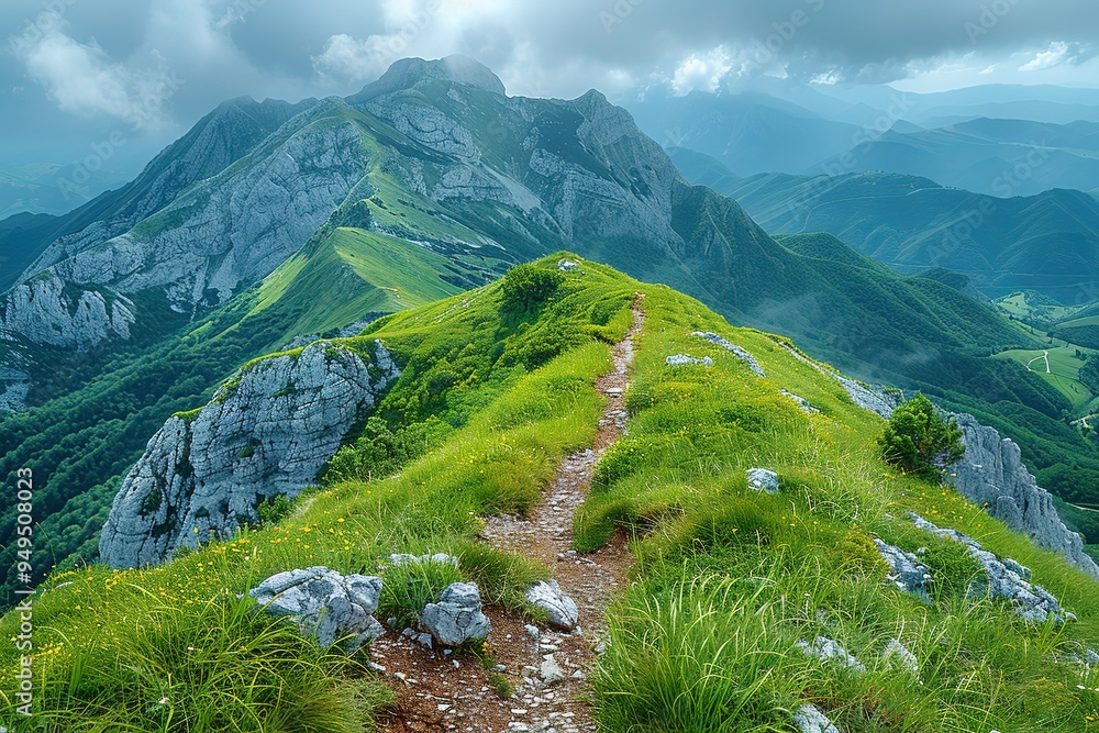 Naklejka premium A mountain range with a path leading up to it