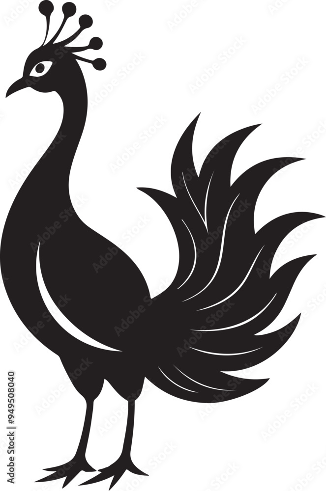 Naklejka premium Peacock Silhouette - Majestic Bird with Elaborate Peacock colourful Vector Design logo Black and white silhouette peacock vector illustration. Silhouette illustration of a peacock Tail Display on Whi
