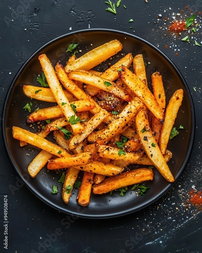 Top view of a plate of seasoned French fries, sprinkled with herbs and spices, ready to be enjoyed