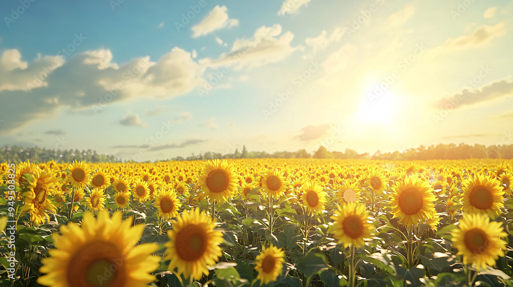 Obraz premium Vibrant, sunny sunflower field, golden blooms, high quality, photorealistic, idyllic::1.1 rural landscape, clear sky, butterflies, peaceful countryside 
