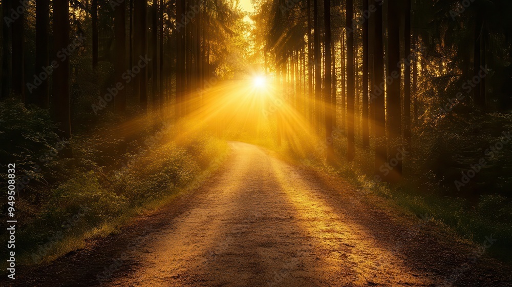 Fototapeta premium Radiant golden hour sunbeams illuminating a quiet forest path, natures glowtime, peaceful and inspiring landscape