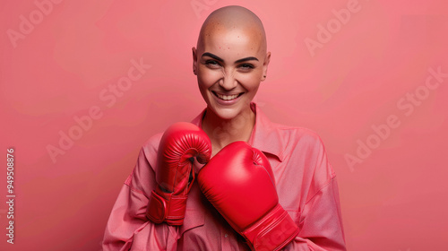 bald beautiful woman wearing pink shirt and smiling with a boxing glove above on pink background.