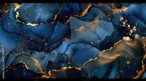 Navy blue and gold abstract ink painting. Artistic design concept. Abstract background image of colorful marble texture or watercolot with blue, white and gold color mixing together. Fluid. AIG51. photo