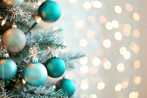 Christmas tree with teal baubles and a blurred background of soft gold and white lights, exuding elegance.