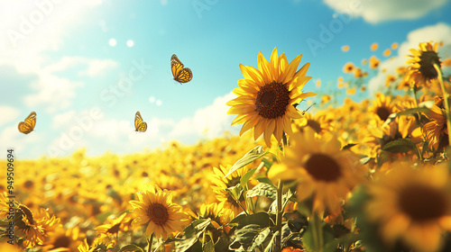 Vibrant, sunny sunflower field, golden blooms, high quality, photorealistic, idyllic::1.1 rural landscape, clear sky, butterflies, peaceful countryside 