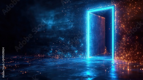  mysterious doorway emitting a bright blue light, partially open in a dark room, creating a sense of intrigue and the unknown, with glowing particles surrounding it.