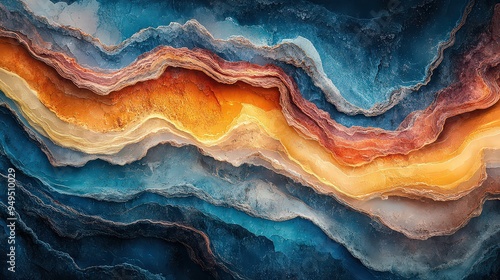  abstract depiction of layered geological formations, with rich shades of blue, orange, and gold, representing the intricate textures and depths of the earth.