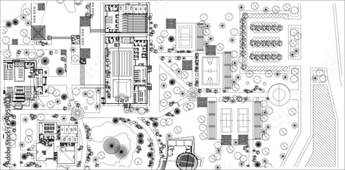 Vector illustration silhouette design detail background layout plan siteplan landscape city park metropolis full of plants