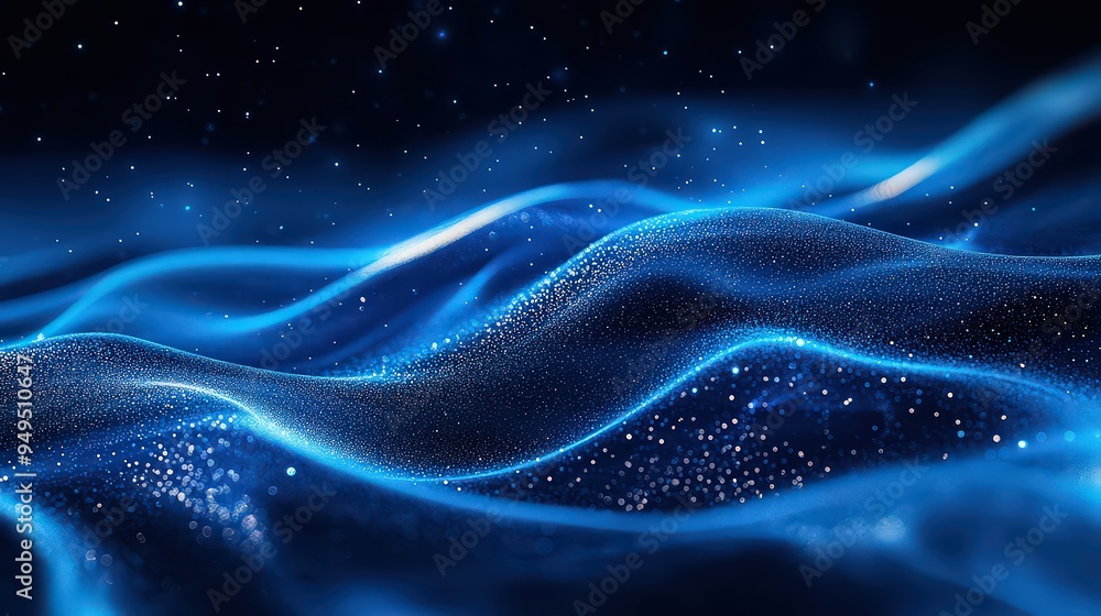 captivating abstract image of glowing blue waves dotted with sparkling particles, creating a futuristic and serene visual effect against a dark background. captivating abstract image of glowing blue waves dotted with sparkling particles, creating a futuristic and serene visual effect against a dark background.
