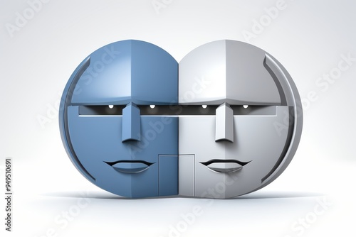 Dualistic AI: A 3D rendering of two robot faces, one blue and one silver, connected in a symbolic representation of duality, artificial intelligence, and the future of technology. photo