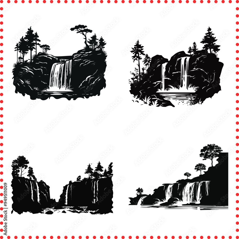 Serenity of Waterfall Silhouette in Pristine Wilderness, Calming Nature Print for Relaxation and Zen Ambiance Serenity of Waterfall Silhouette in Pristine Wilderness, Calming Nature Print for Relaxation and Zen Ambiance