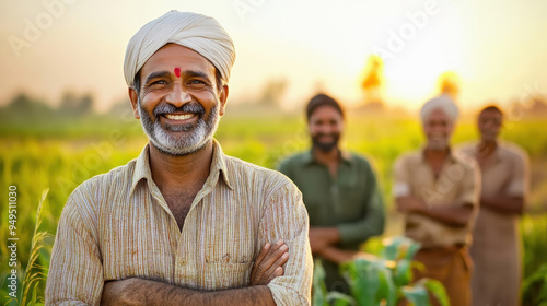 Indian farmers group or labors standing confidently at agriculture field photo