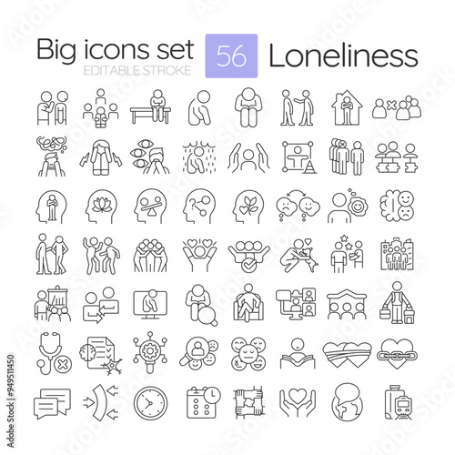 Loneliness linear icons set. Social relationships, community. Psychology, personality. Mental therapy. Customizable thin line symbols. Isolated vector outline illustrations. Editable stroke