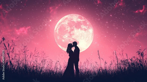  romantic silhouette of a couple kissing under a large, glowing full moon, set against a dreamy pink and purple night sky, evoking love and enchantment.