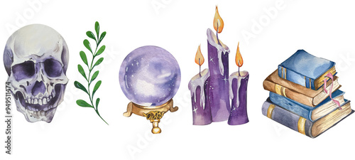 Collection Halloween. Watercolor Composition. Magic Ball, Books, , Candles, Skull. Witch Accessories. For Holiday Packaging, Postcards, Invitations, Websites, Clothes