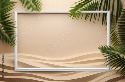 White thin frame on the sand with palm leaves on the sides, free space for text and advertising in the middle. Summer tropical frame in a minimalistic style .