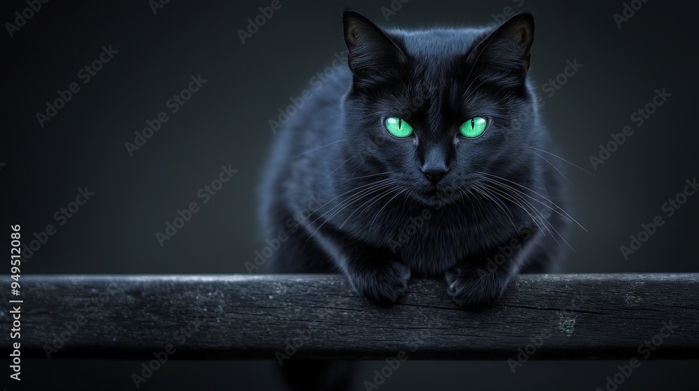 Black cat with glowing green eyes sitting on a fence, with a clear ...
