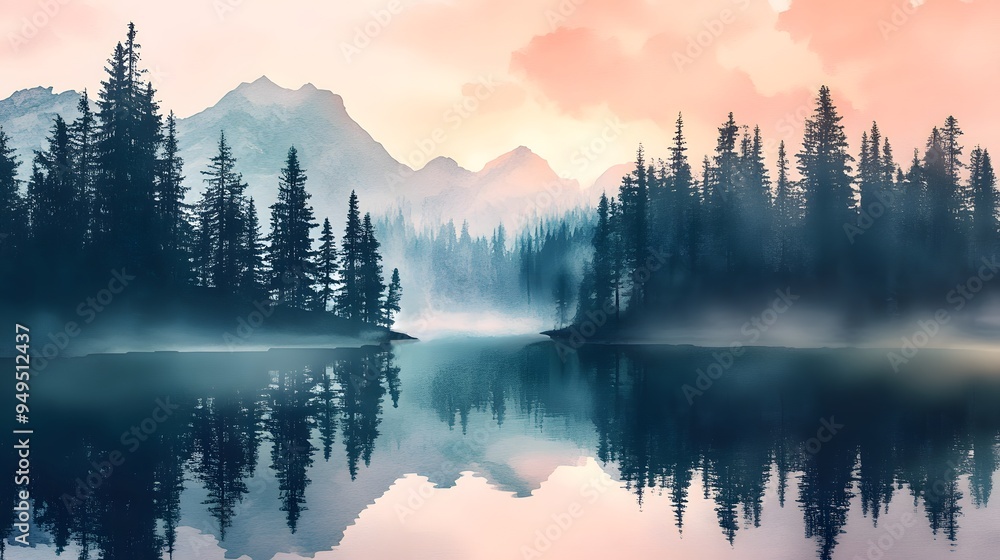 Fototapeta premium Serene dawn mist over mountain lake surrounded by pine trees soft watercolor gradients