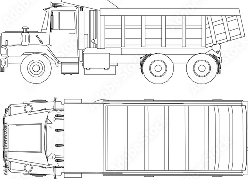 Vector illustration silhouette design of detailed construction truck trailer transport vehicle with open container body for material delivery