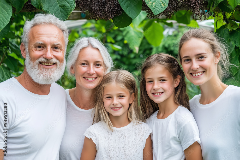 Fototapeta premium A smiling multi-generational family of five, including grandparents and children, posing together in a lush green outdoor setting