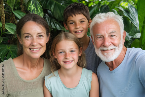 Smiling family of four, including a grandfather, mother, and two children, posing together in a lush green outdoor environment