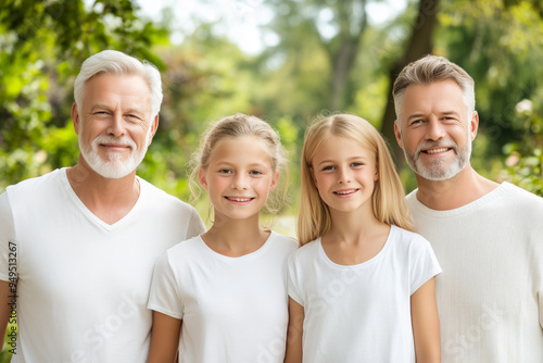 A cheerful outdoor portrait of a grandfather, father, and two young girls standing together, smiling warmly in a green setting