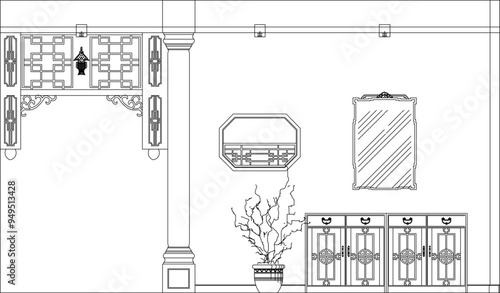Vector illustration silhouette sketch of interior architecture design of classic vintage ethnic traditional chinese modern minimalist home furniture