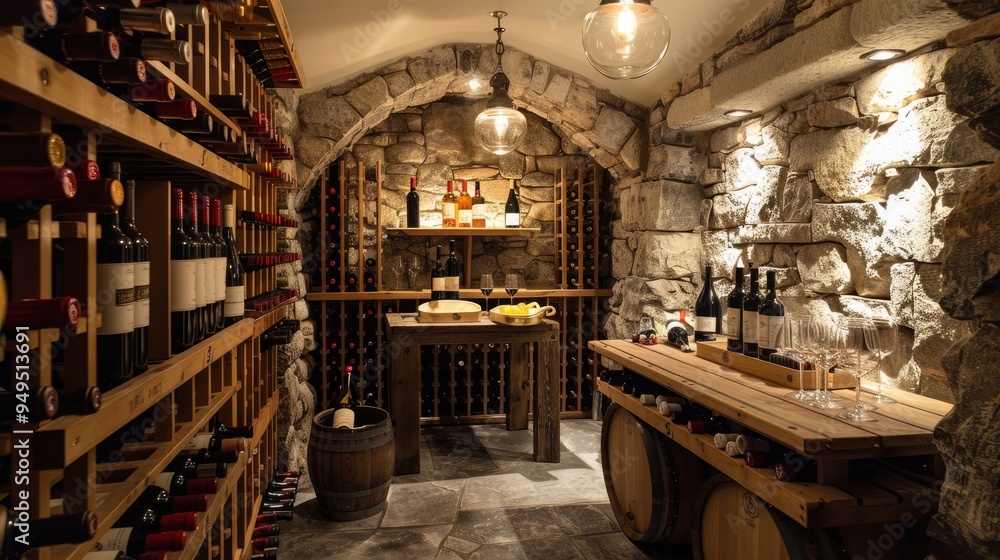 A sophisticated wine cellar with stone walls, wooden racks filled with wine bottles, a tasting table, and ambient lighting. A sophisticated wine cellar with stone walls, wooden racks filled with wine bottles, a tasting table, and ambient lighting.