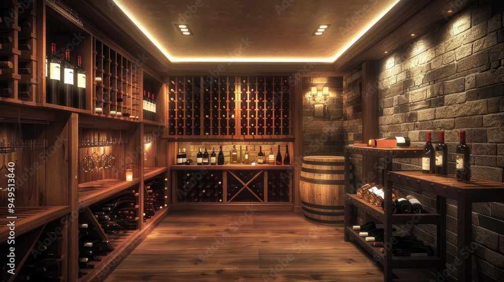 A sophisticated wine cellar with custom wood racks, soft lighting, a tasting table, and a temperature-controlled environment. A sophisticated wine cellar with custom wood racks, soft lighting, a tasting table, and a temperature-controlled environment.