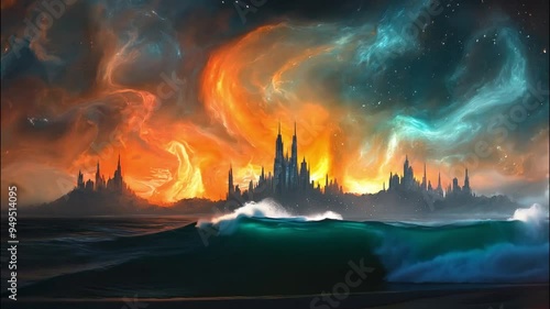 A Fantasy Cityscape with Two Nebulas and a Starry Night photo