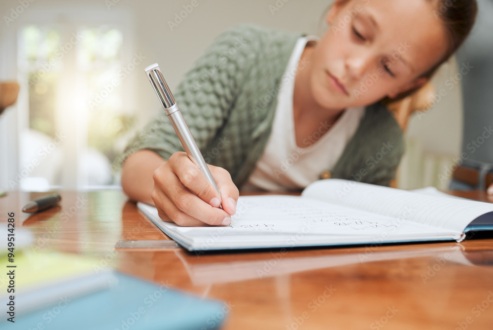 Learning, hand or child writing math equation to study, knowledge or test preparation in home school. Homework, girl or kid with pen for numbers, education or problem solving on notebook for solution Learning, hand or child writing math equation to study, knowledge or test preparation in home school. Homework, girl or kid with pen for numbers, education or problem solving on notebook for solution