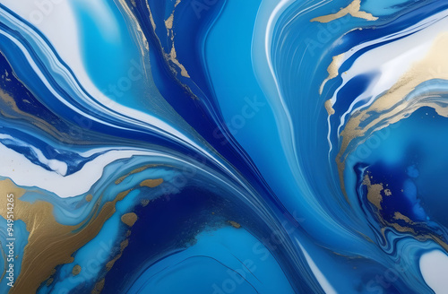 White , blue and gold waves of epoxy resin. A background of smooth lines of different colors, liquid paint or resin.