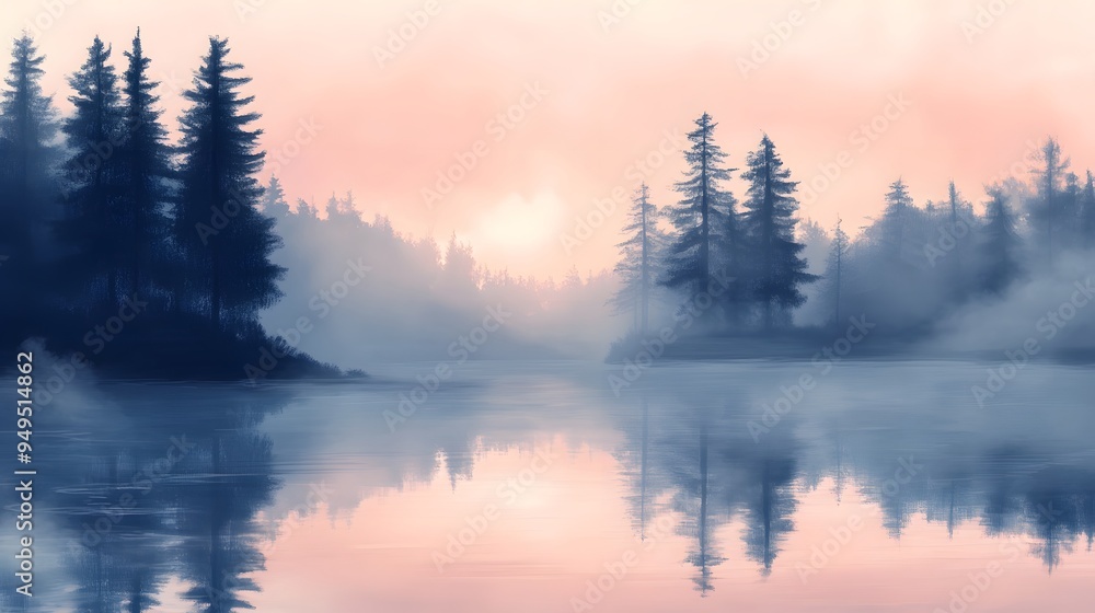 Peaceful lake at dawn surrounded by pine trees with mist and soft pastel colors Peaceful lake at dawn surrounded by pine trees with mist and soft pastel colors