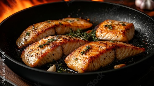 A frying pan with sizzling fish fillets