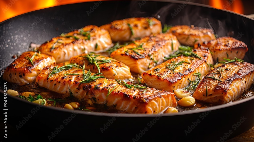 A frying pan with sizzling fish fillets A frying pan with sizzling fish fillets